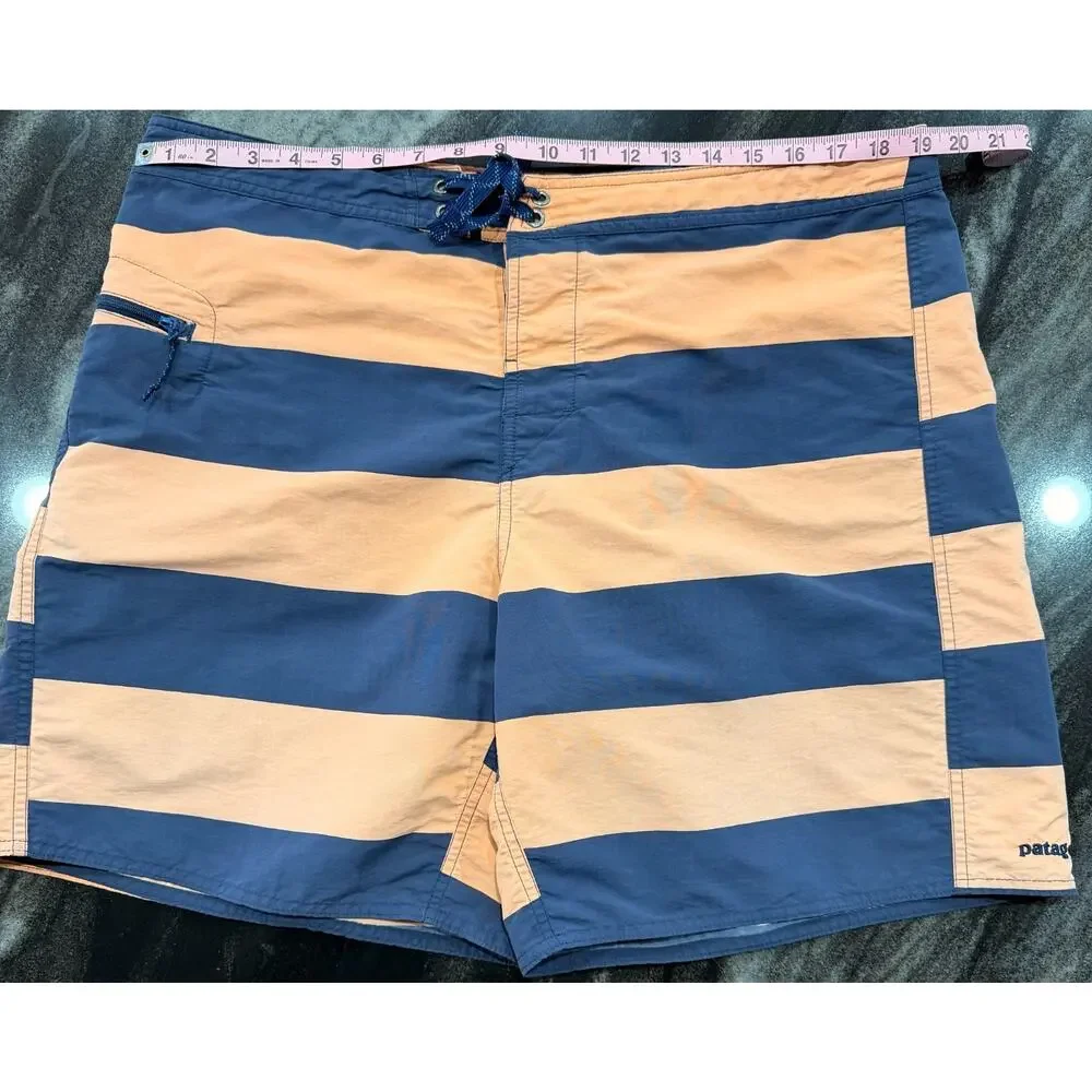 Patagonia Wavefarer Board Shorts Swim Trunks Striped Blue Tan Men's Size 38